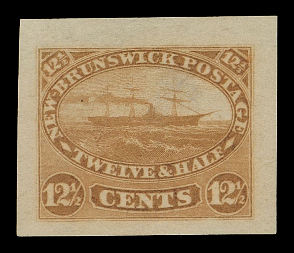 NEW BRUNSWICK  10,American Bank Note Company Trade Samples; a remarkable assembly of sixteen proofs in distinctive different colours and shades on at least three paper types, two perforated and gummed (one on chemical paper with black ink defacing lines) by the ABNC; eight are in sound condition. Great effort was placed on acquiring the more desirable darker shades and colours. A neat group for the specialist, VF
