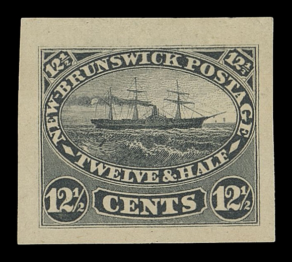 NEW BRUNSWICK  10,American Bank Note Company Trade Samples; a remarkable assembly of sixteen proofs in distinctive different colours and shades on at least three paper types, two perforated and gummed (one on chemical paper with black ink defacing lines) by the ABNC; eight are in sound condition. Great effort was placed on acquiring the more desirable darker shades and colours. A neat group for the specialist, VF