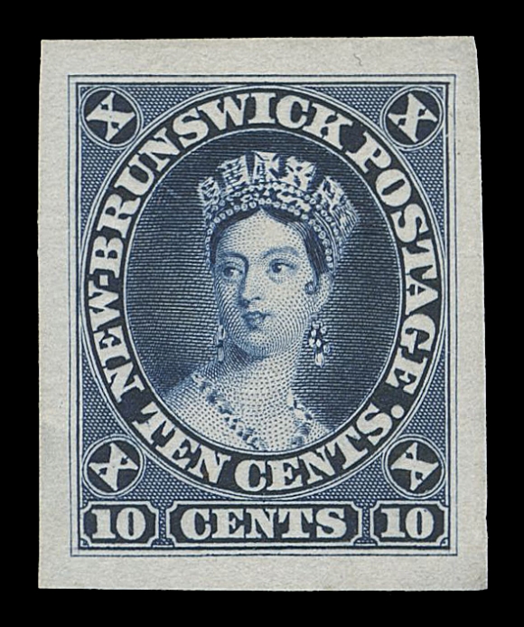 NEW BRUNSWICK  9,Trial Colour Die Proof, engraved and printed in dark blue (indigo), exceptional colour with remarkably sharp features on india paper, originating from a "Goodall" Compound Die, very large margins all around and in choice condition, XF