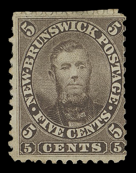 NEW BRUNSWICK  5,An appealing mint single of this rare classic stamp, depicting the portrait of New Brunswick Postmaster General - a major "faux-pas" which caused a public outcry resulting in his resignation. Characteristic colour, impression and centering, slightly clipped perfs at top, otherwise intact all around and very seldom seen in such sound condition still retaining part original gum, somewhat disturbed from previous hinging. A well-above average mint stamp, missing from many advanced collections, Fine OGExpertization: 1976 RPS of London certificateProvenance: Edward Tresoldi Granger, H.R. Harmer Ltd., October  1958; Lot 286"An Important New Brunswick Collection", SG Auctions, November 1980; Lot 112Literature: Illustrated in Capex 