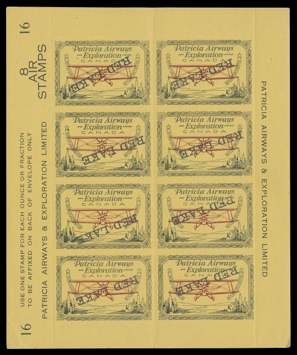 CANADA - 13 SEMI-OFFICIAL AIRMAILS  CL30footnote,Series "16" mint pane of eight with inverted ascending (5c) RED LAKE (Type D) in black, faint disturbance visible in the selvedge and two stamps, a very scarce sheet, VF NH