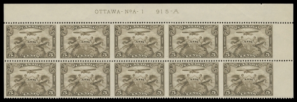 CANADA - 12 AIRMAILS  C1b,A well centered, fresh mint Plate 1 upper right block of ten imperforate vertically, LH in selvedge and lightly blemished gum on a few, still a rare intact part-perforated plate strip, VF LH (Unitrade cat. as plate block of six only)