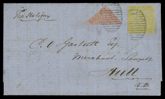 NEW BRUNSWICK  1859 (November 12) An unusually clean, folded entire lettersheet with "Lancaster Mills Nov 12th 1859" dateline, franked with a diagonally bisected 3p dull red, trivial edge flaw, alongside a superb 6p yellow on bluish wove paper, both with full to large margins and neatly tied by Saint John oval 