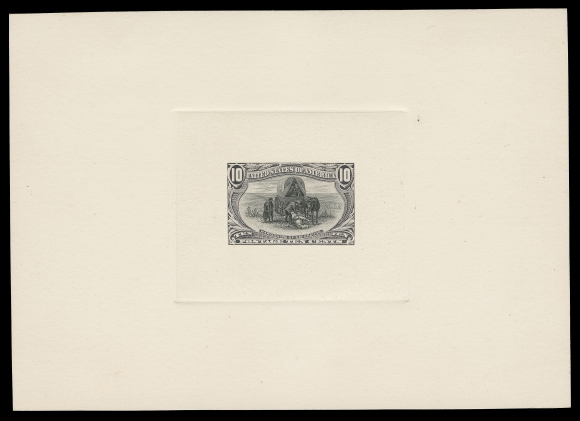 USA  285-E8-293-E7,A fabulous set of nine Large Die Essays, the "normal" bicolours with the central vignettes printed in black, on india paper with sinkage area measuring approx 63 x 71mm, sunk on fairly equal large sized cards. Superb colours and in choice condition; the vignettes of the Mississippi Bridge (2c) and Farming in the West ($2) showing on these were eventually reversed when issued, VF+