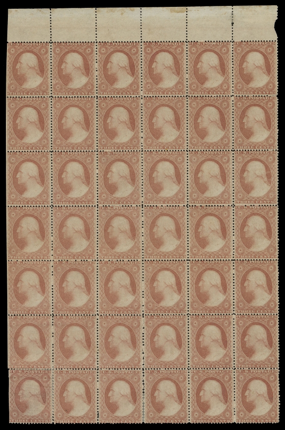 USA  26,An impressive top margin mint block of forty-one stamps (lower left stamp supported by hinges does not belong); scissor separated in left margin, some split perforations and overall dried brown original gum, otherwise in nice shape considering its large size and age and with excellent centering. An attractive block ideal for plating, F-VF