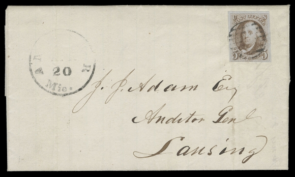 USA  1, 1b,1848 (September 8) Folded lettersheet from New York to Boston bearing a 5c orange brown on bluish wove paper, just touched at foot to large margins, cancelled by mute grid in red with same-ink, superbly struck New York SEP 8 dispatch at left, F-VF; also an 1850 (March 20) Folded lettersheet from Ann Arbor bearing a full margined 5c red brown on bluish wove paper, circular grid cancel, same-ink partially legible MAR 20 dispatch at left, light file fold not affecting stamp, in clean fresh condition, VF