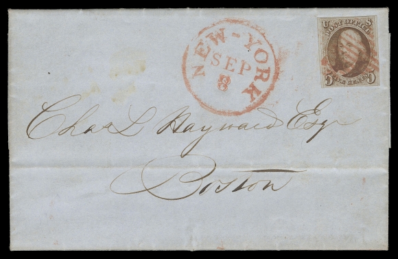 USA  1, 1b,1848 (September 8) Folded lettersheet from New York to Boston bearing a 5c orange brown on bluish wove paper, just touched at foot to large margins, cancelled by mute grid in red with same-ink, superbly struck New York SEP 8 dispatch at left, F-VF; also an 1850 (March 20) Folded lettersheet from Ann Arbor bearing a full margined 5c red brown on bluish wove paper, circular grid cancel, same-ink partially legible MAR 20 dispatch at left, light file fold not affecting stamp, in clean fresh condition, VF