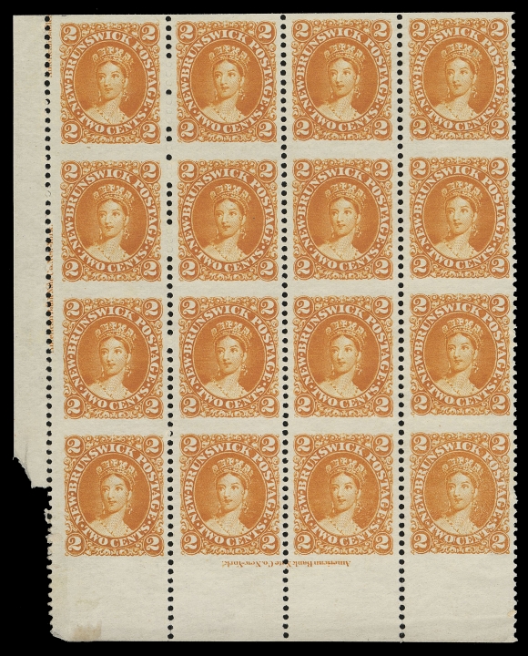 NEW BRUNSWICK  7a,A fabulous corner margin block of sixteen (4x4) imperforate horizontally, small portion of selvedge missing, shows two full ABNC imprints (and portion of a third at top left), well centered with deep colour, without gum as are known examples of this major error, VF (Cat. as eight pairs)Provenance: Specialized New Brunswick Collection, Harmer, Rooke of London, June 1965; Lot 414Literature: Illustrated in Capex 