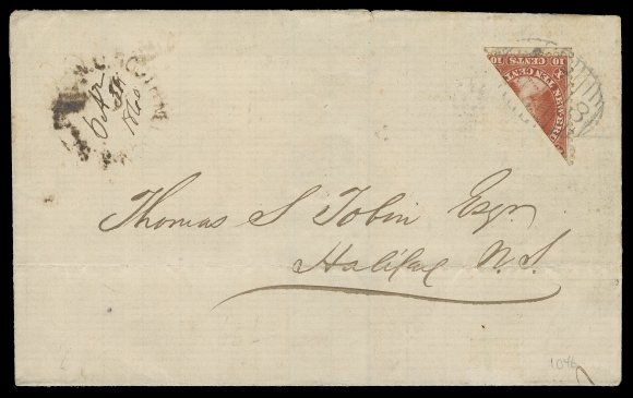 NEW BRUNSWICK  1860 (October 31) Folded cover bearing a diagonally bisected 10c vermilion with intact perforations on both sides, well centered neatly tied by clear Chatham oval grid 