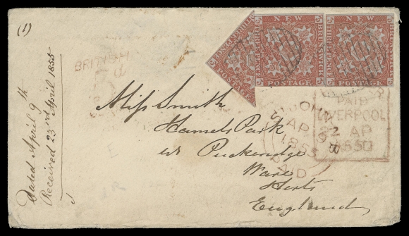 NEW BRUNSWICK  1855 (April 9) Small envelope from the well-known "Miss Smith" correspondence, bearing two singles and a diagonal bisect of the Three pence dark red; right stamp just in at right, bisect with trivial flaw, all tied by oval grid 