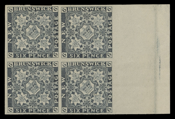 NEW BRUNSWICK  Official reprints of 1890, set of three in blocks on thin hard white wove paper, each with side sheet margin, ungummed as issued, VF