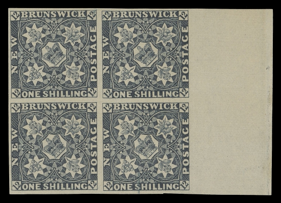 NEW BRUNSWICK  Official reprints of 1890, set of three in blocks on thin hard white wove paper, each with side sheet margin, ungummed as issued, VF