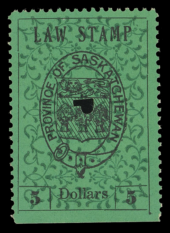 CANADA REVENUES (PROVINCIAL)  SL10, SL11, SL12,The key values of the set, natural straight edge on $5, other two perforated on all sides, single punch cancel with handstamp or crayon marking. Difficult to find, only 200 stamps (8 sheets) of each were printed, VF