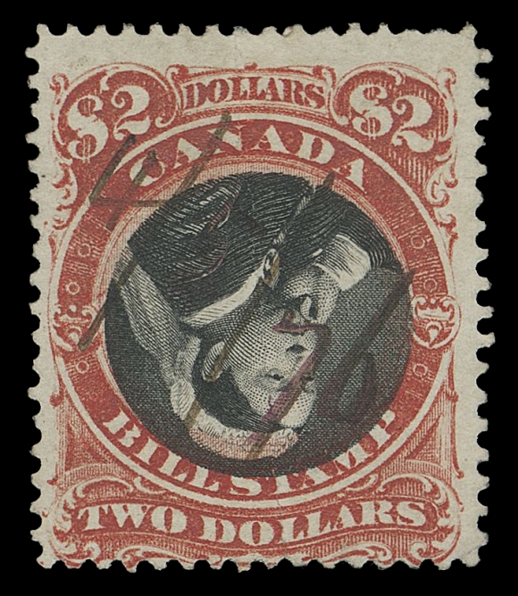 CANADA REVENUES (FEDERAL)  FB53a,A nice used example of the striking INVERTED CENTRE printing error, displaying deep rich colours, pressed vertical crease is not readily apparent, 1876 manuscript date cancellation; one of the major rarities of Canadian revenue stamps in any condition, Fine (Van Dam cat. $12,500)

Of the original sheet of 100 used by the Robert S. Smith Company of Quebec circa. 1876, fewer than 30 examples (all used) have survived, almost all having faults of varying degree.