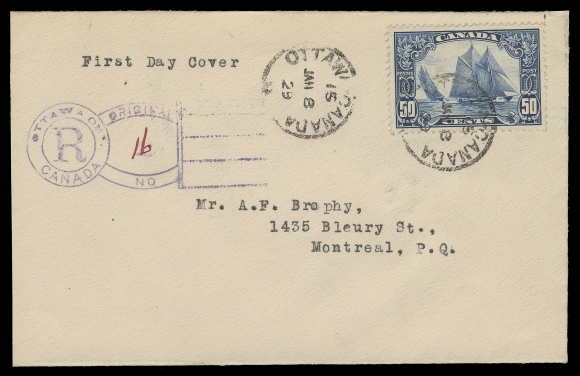 CANADA -  8 KING GEORGE V  1929 (January 8) First Day Cover in pristine condition, sent registered to A.F. Brophy, Montreal and bearing a well centered 50c Bluenose postmarked Ottawa JAN 8 29, another clear strike at left, neat violet Postage Stamp Division JAN 8 1929 P.O.D. circular datestamp on reverse along with dispatch and receiver backstamps. One of the most sought-after First Day Covers of Canada, XF (Unitrade 158) 

We do not recall previously offering a Bluenose FDC at auction. Furthermore, we are aware of only one other (also a "Brophy" cover). A major rarity.