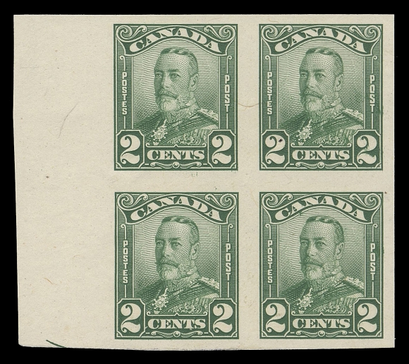 CANADA -  8 KING GEORGE V  149-159,The complete set of eleven in seldom encountered plate proof blocks of four, all with bright colours and displaying sheet margin at one side often with part of the guide arrow; 4c with faint crease and 8c with trivial thin, overall in excellent state of preservation for this notoriously fragile paper, VF-XF (Unitrade cat. $10,000)