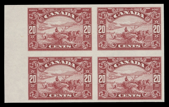 CANADA -  8 KING GEORGE V  149-159,The complete set of eleven in seldom encountered plate proof blocks of four, all with bright colours and displaying sheet margin at one side often with part of the guide arrow; 4c with faint crease and 8c with trivial thin, overall in excellent state of preservation for this notoriously fragile paper, VF-XF (Unitrade cat. $10,000)