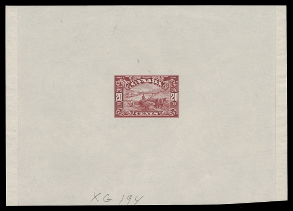 CANADA -  8 KING GEORGE V  157,Large Die Proof in dark carmine, colour of issue on very large size india paper 149 x 105mm, extending beyond die sinkage area at sides; the Unhardened Die without imprint or die number, archival annotated "XG 194" in pencil at foot, very scarce, VF