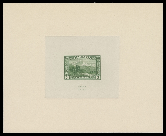 CANADA -  8 KING GEORGE V  155,Large Die Proof printed in green, colour of issue, on india paper 70 x 58mm die sunk on large card 150 x 122mm; the hardened die with "CANADA" imprint and die number "XG 202", in pristine condition. An attractive and scarce proof, XF