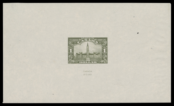 CANADA -  8 KING GEORGE V  158, 159,Large Die Proofs in issued colours on large size india paper 104 x 95mm and 147 x 88mm respectively, both with small natural india flaw at right, 50c has a crease and pencil "XG 201" die number at foot, $1 with "CANADA" imprint and die number "XG 193". Despite the minor imperfections, a very scarce duo, F-VF