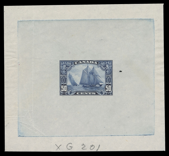 CANADA -  8 KING GEORGE V  158, 159,Large Die Proofs in issued colours on large size india paper 104 x 95mm and 147 x 88mm respectively, both with small natural india flaw at right, 50c has a crease and pencil "XG 201" die number at foot, $1 with "CANADA" imprint and die number "XG 193". Despite the minor imperfections, a very scarce duo, F-VF