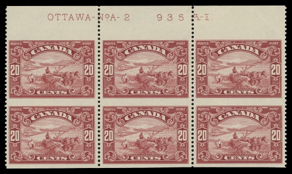 CANADA -  8 KING GEORGE V  157c,A well centered mint Plate 2 block of six imperforate horizontally showing the complete plate imprint, VF NH