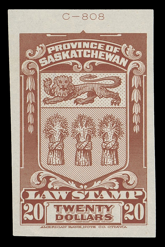 CANADA REVENUES (PROVINCIAL)  SL44,An exceedingly rare Die Proof printed in the issued colour, stamp size with die number "C-808" above, tiny insignificant corner crease at bottom left, a UNIQUE proof, includes K. Bileski