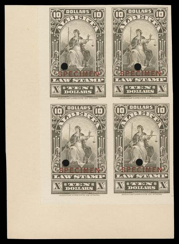 CANADA REVENUES (PROVINCIAL)  AL27-AL39,The complete set of thirteen plate proofs in issued colours on card mounted india paper with SPECIMEN overprint and ABNC security punch, all in matching corner blocks of four, a unique set of blocks (only one sheet of 50 of each was printed), VF

The set includes the unissued 20c orange vermilion, the $3 red brown ($3 brown does not exist as specimen) and both colours of the $5.