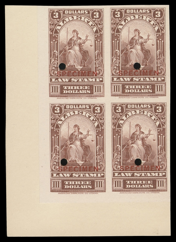 CANADA REVENUES (PROVINCIAL)  AL27-AL39,The complete set of thirteen plate proofs in issued colours on card mounted india paper with SPECIMEN overprint and ABNC security punch, all in matching corner blocks of four, a unique set of blocks (only one sheet of 50 of each was printed), VF

The set includes the unissued 20c orange vermilion, the $3 red brown ($3 brown does not exist as specimen) and both colours of the $5.