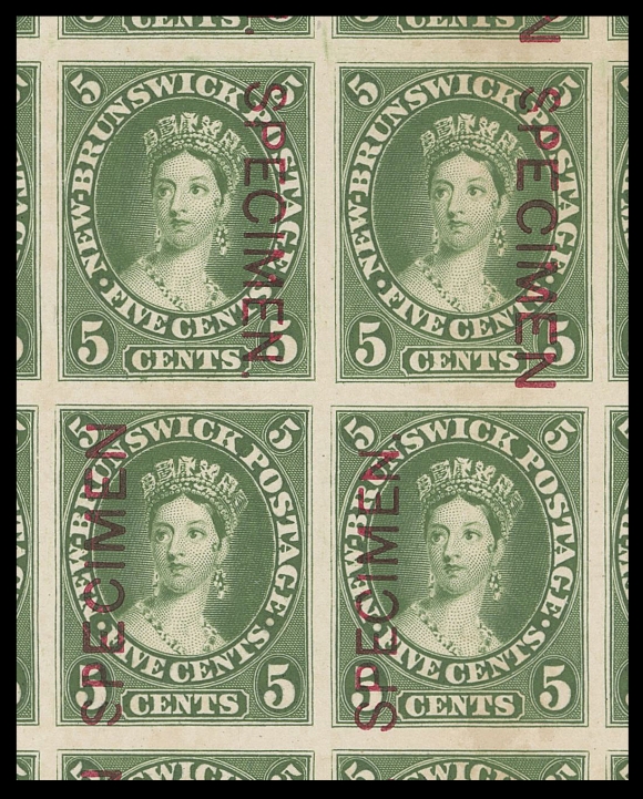 NEW BRUNSWICK  8Pii, iii, iv + inverted specimen,An extraordinary plate proof sheet of 100 in issued colour, on card mounted india paper, showing an INVERTED SPECIMEN OVERPRINT SETTING -- the overprints are reading down on the  first five rows and up on the others (as intended). As a result  there are ten tete-beche "reading down & reading up" pairs in the fifth and sixth rows. A wonderful proof sheet showing what we  believe to be a unique error on any British North America proof,  VF (Cat. $5,750+ as normal proofs)Also of note, on the top half of the sheet the scarce Type D  proofs with inverted SPECIMEN appear in the sixth column. The  other five proofs with Type D specimen on the lower half of the  sheet appear in the fifth column as customary.