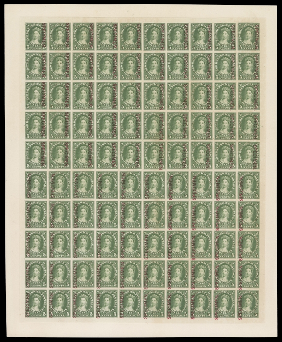 NEW BRUNSWICK  8Pii, iii, iv + inverted specimen,An extraordinary plate proof sheet of 100 in issued colour, on card mounted india paper, showing an INVERTED SPECIMEN OVERPRINT SETTING -- the overprints are reading down on the  first five rows and up on the others (as intended). As a result  there are ten tete-beche "reading down & reading up" pairs in the fifth and sixth rows. A wonderful proof sheet showing what we  believe to be a unique error on any British North America proof,  VF (Cat. $5,750+ as normal proofs)Also of note, on the top half of the sheet the scarce Type D  proofs with inverted SPECIMEN appear in the sixth column. The  other five proofs with Type D specimen on the lower half of the  sheet appear in the fifth column as customary.