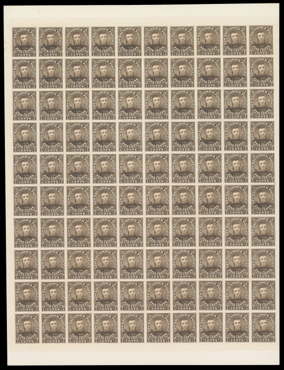 NEW BRUNSWICK  5P + varieties,A magnificent plate essay sheet of 100, printed in brown (near issued colour) on card mounted india paper, shows the three constant Major Re-entries (Positions 13, 60 & 61); an extremely rare intact sheet -- we are only aware of one other, which has the specimen overprint. A wonderful item for a serious collection, XF (Unitrade cat as normal proof singles)Provenance: American Bank Note Company Archives, Christie