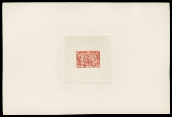 CANADA -  6 1897-1902 VICTORIAN ISSUES  50/65,A remarkable set of fourteen Large Die Proofs IN ISSUED COLOURS PRINTED ON INDIA PAPER, die sunk on uniform full-size cards measuring 226 x 150mm. Scarcer than proofs printed directly on card; the one cent and two cent which do not exist in this format (see below). All in an excellent state of preservation, showing razor-sharp impressions and exceptional colours; the three cent proof has penciled "2" at top right and annotation "Color Selected" at lower left. A fabulous set in all respects, XF; the 20c and $1 proofs with 2021 Greene Foundation cert.It is almost certain that the india proofs were printed first, prior to the those printed directly on cards. There are two distinctive features of die proofs on india paper:First, the One cent is printed in green and the Two cent in orange. These reversed colour proofs are rarities and when surfacing on the marketplace are almost invariably offered individually. Second, being printed on india paper and then sunk on card, they display a more opaque tone when held against a light source, as well as a higher luminescence under ultra-violet light. The latter trait is readily apparent as the india paper exhibits considerable fluorescence. Those printed directly on card show none of these features.