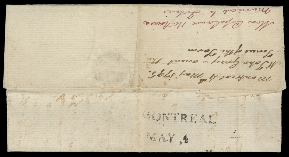 CANADA STAMPLESS COVERS  1795-05,1795 (May 4) Folded lettersheet from Montreal to Quebec, struck with quite clear MONTREAL MAY, 4 two-line handstamp in black, rated "9" (to collect) for single-sheet for a distance between 101-200 miles. In excellent condition considering its age, VF (CS Type VIII)