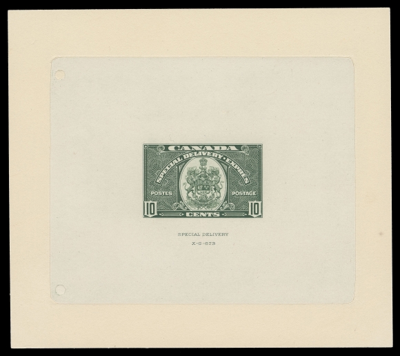 CANADA - 14 SPECIAL DELIVERY  E7,Large Die Proof in the issued colour on india paper 108 x 87mm die sunk on larger card 135 x 120mm, showing SPECIAL DELIVERY imprint and die number "XG-673” below design; a very elusive proof, VF