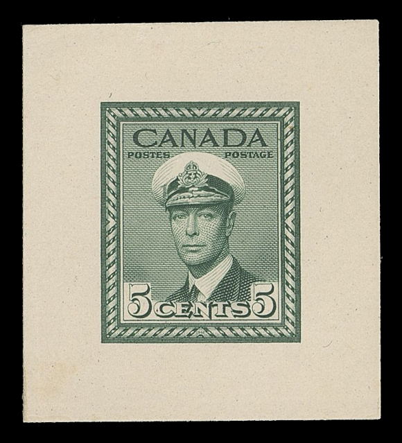 CANADA -  9 KING GEORGE VI  255,Progressive Die Proof, engraved and printed in green on card mounted india paper 31 x 34mm; the existing die of the One Cent was taken as model, the bottom cleared and denomination modified to "5 CENTS 5". A highly unusual and extremely rare proof unlisted in both Minuse & Pratt and the Glen Lundeen BNA proofs website, VF