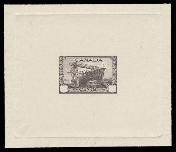 CANADA -  9 KING GEORGE VI  260,A striking Progressive Large Die Proof without value tablets, engraved and printed in chocolate, colour of issue, on india paper 95 x 80mm sunk on similar sized card. Shows full die sinkage area; light corner card crease at left not affecting the india paper. A rare unfinished proof that will highlight anyone