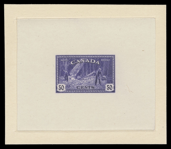 CANADA -  9 KING GEORGE VI  272,Two Die Proofs - in dark violet (Trial Colour) and in dark blue green (Issued Colour), in matching size on india paper 77 x 63mm, die sunk on cards 90 x 78mm; the first is an unhardened die without die number and imprint, and the second with die number "XG-816" above and CBN imprint below design. An impressive duo as any proofs of this series are rarities; the trial colour dark violet is unlisted in Minuse & Pratt, VF