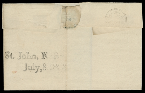 NEW BRUNSWICK STAMPLESS COVERS  1803 (July 8) Clean, fresh folded cover from Saint John, NB to London, England and rated "1N10"; on reverse a quite clear two-line St. John, N.B. / July,8.1803 (JGY Fig. 14) straightline in black, light Bishop mark struck on arrival. A very rare straightline marking according to the Jephcott, Greene & Young handbook, VF