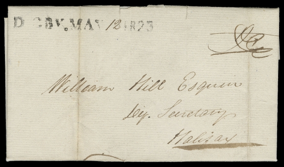 NOVA SCOTIA STAMPLESS COVERS  1823 (May 12) Folded lettersheet to Halifax, rated "9" but reassessed "Free", bearing a quite clear straightline DIGBY.MAY_1823" with "12" inserted by hand (JGY Fig. 33 RF 9; Macdonald Type SL-3). The illustration of this marking depicted in Jephcott, Greene & Young on page 50 is based on this cover, VF