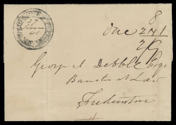 NEW BRUNSWICK STAMPLESS COVERS  1840 (July 27) Folded cover addressed to Fredericton and rated "8 + 2N1 = 2/9", the high rate suggests it originated from a Way Office. Quite well struck intaglio GAGETOWN NB postmark (JGY Fig. 73 RF 8) with filled-in "27 July 40" date,  predating Jephcott, Greene & Young