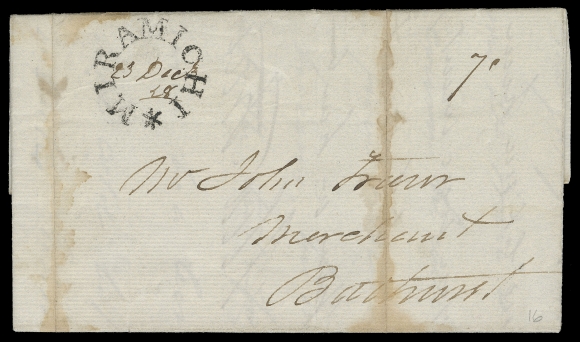 NEW BRUNSWICK STAMPLESS COVERS  1828 (December 23) Folded lettersheet  to Bathurst, rated "7d" and bearing a superbly struck large Miramichi Star Circle (JGY Fig. 58 - very early usage as recorded years of usage are 1828/1834) with filled-in "23 Dec 28" date; light ageing along file folds well away from the beautiful postmark. This is the actual strike pictured in Jephcott, Greene & Young on page 67, F-VF cover with XF strike 