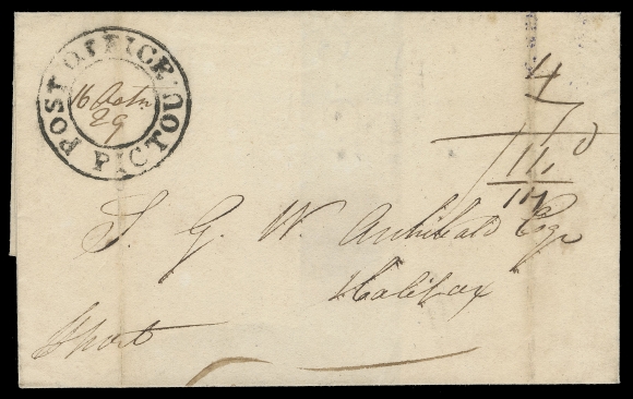 NOVA SCOTIA STAMPLESS COVERS  1829 (October 16) Folded cover to Halifax, rated "11d, plus 1d for Halifax local delivery", very attractive and clearly struck double circle Post Office Pictou (JGY Fig. 47; Macdonald type 51), F-VF cover with XF strike; ex. John Young (December 1992; Lot 70)