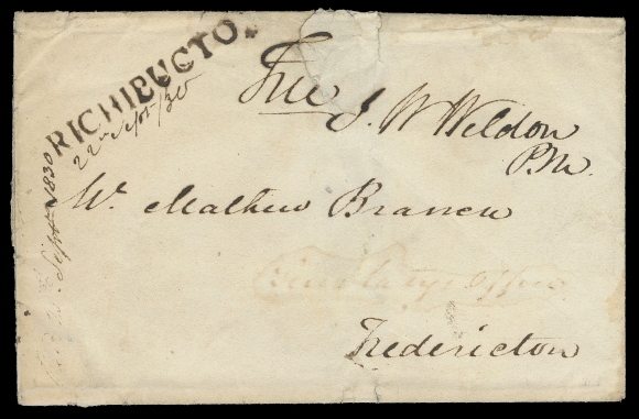 NEW BRUNSWICK STAMPLESS COVERS  1830 (September 22) Folded cover with intact black wax seal on reverse, mailed to Fredericton, rated "Free" and signed by official, superb strike of the very rare "RICHIBUCTO." straightline (JGY Fig. 38) with manuscript date below, sealed opening tears and part of address erased, a Fine cover with XF strike; ex. John Young (December 1992; Lot 37)