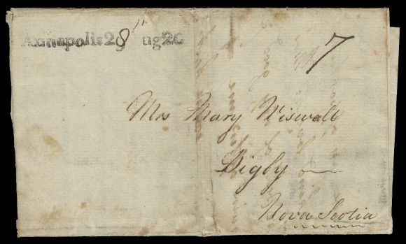 NOVA SCOTIA STAMPLESS COVERS  Folded lettersheet datelined "Halifax August 18th, 1820" mailed to Digby, Nova Scotia, rated "7" and struck by quite clear "Annapolis 29 Aug20" straightline handstamp (JGY Fig. 31 RF 9; Macdonald type 25) with second date digit changed to "8", ageing and file fold, a Fine cover with VF strike of this rare marking; ex. John Young (December 1992; Lot 45)