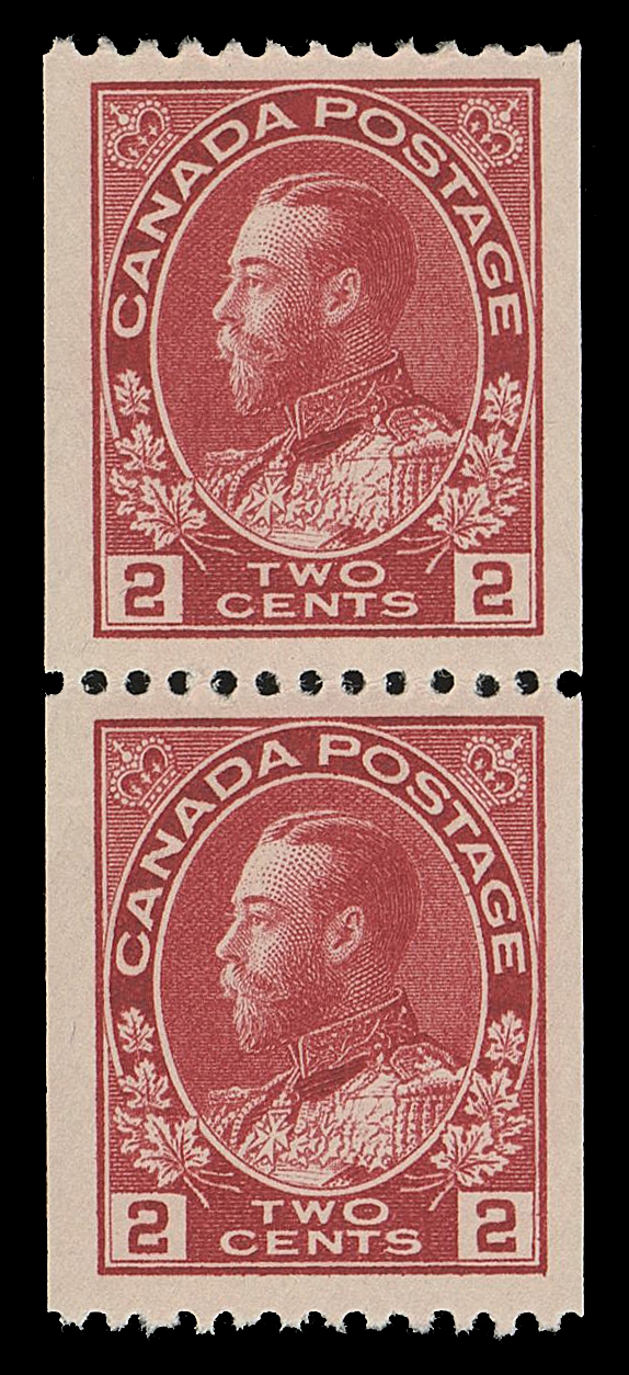 CANADA -  8 KING GEORGE V  132iii,A choice mint coil pair, well centered with large margins, displaying an exceptional shade very distinctive from the normal carmine shade and visually striking, VF NH