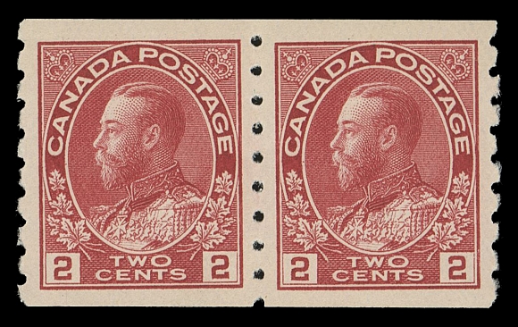 CANADA -  8 KING GEORGE V  127ii,A superb mint coil pair in a fabulous pastel shade, precise centering and full immaculate original gum; an outstanding pair, XF NH GEM