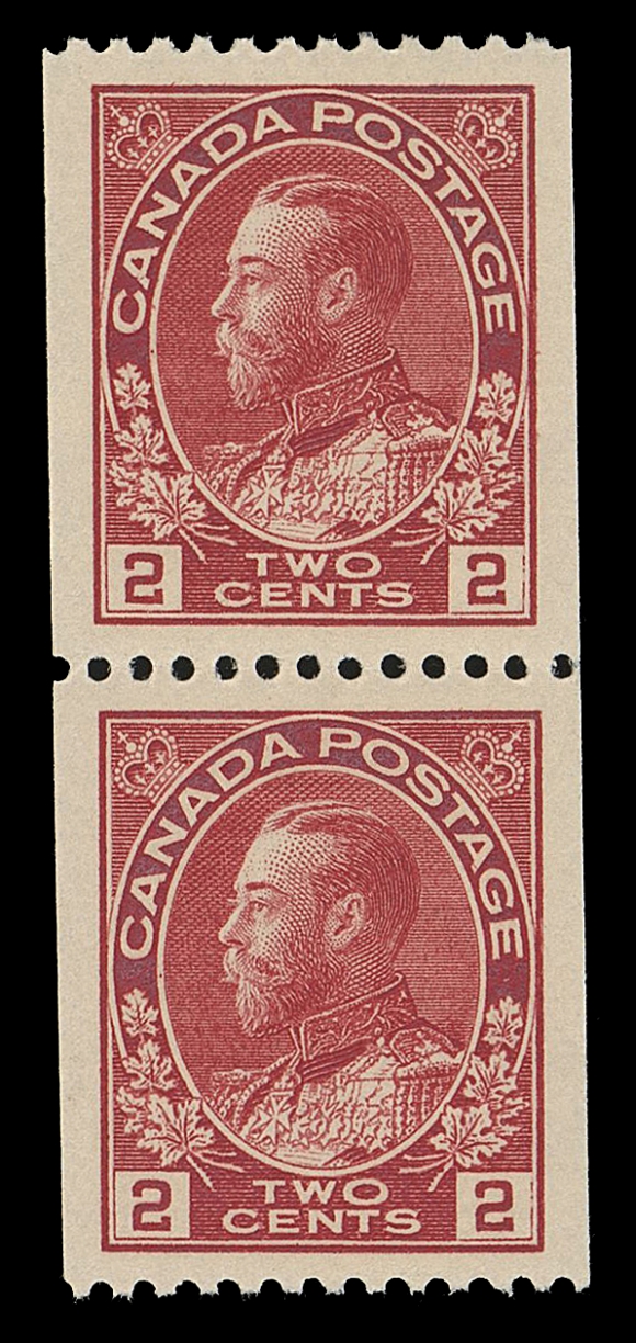 CANADA -  8 KING GEORGE V  132,A beautifully centered mint coil pair with jumbo margins, brilliant fresh colour and full original gum, as nice as they come, XF NH