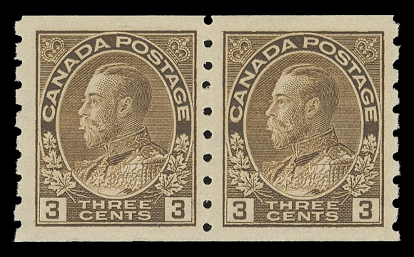 CANADA -  8 KING GEORGE V  129ii shade,A choice mint coil pair in an amazing shade, intact perforations, well centered with full pristine gum. We do not recall seeing such a pale shade on this stamp, VF+ NH