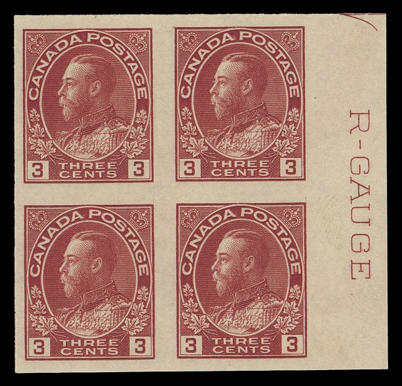 CANADA -  8 KING GEORGE V  138ii,Top right block showing "R-GAUGE" imprint and portion of guide arrow, VF NH